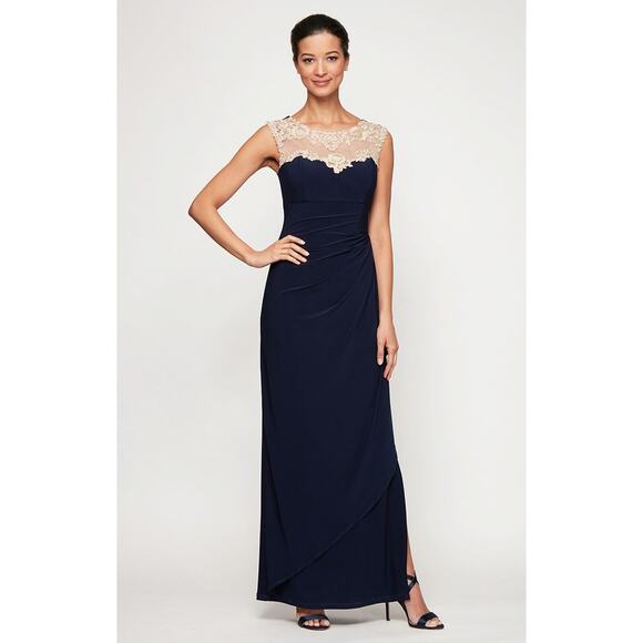 NWT Alex Evenings Petite Navy Sweetheart Embroidered Lace Neckline Gown Size 14P - Picture 1 of 3